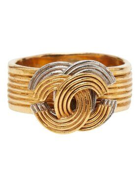 Chanel CC Logo Stripe Ring Gold Silver Plated